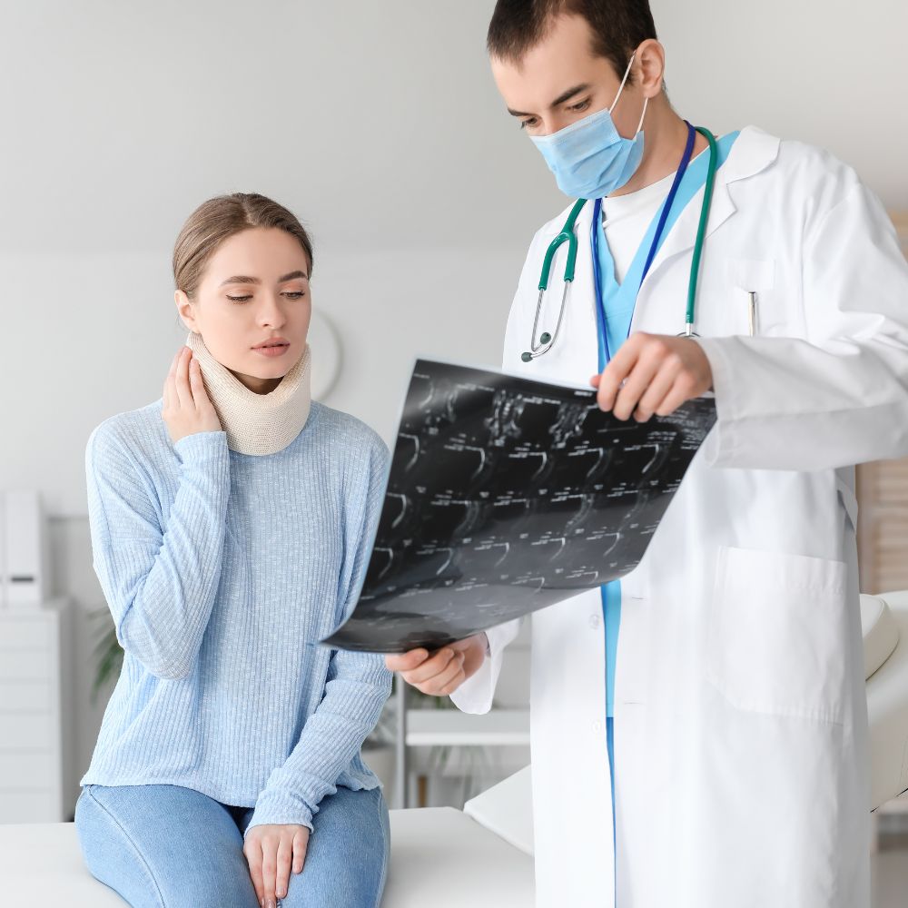 woman in a neck brace at a doctor's appointment